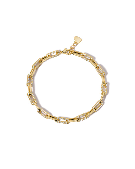 Dainty diamond paperclip bracelet featuring alternating pavé links displayed on a clean white background.