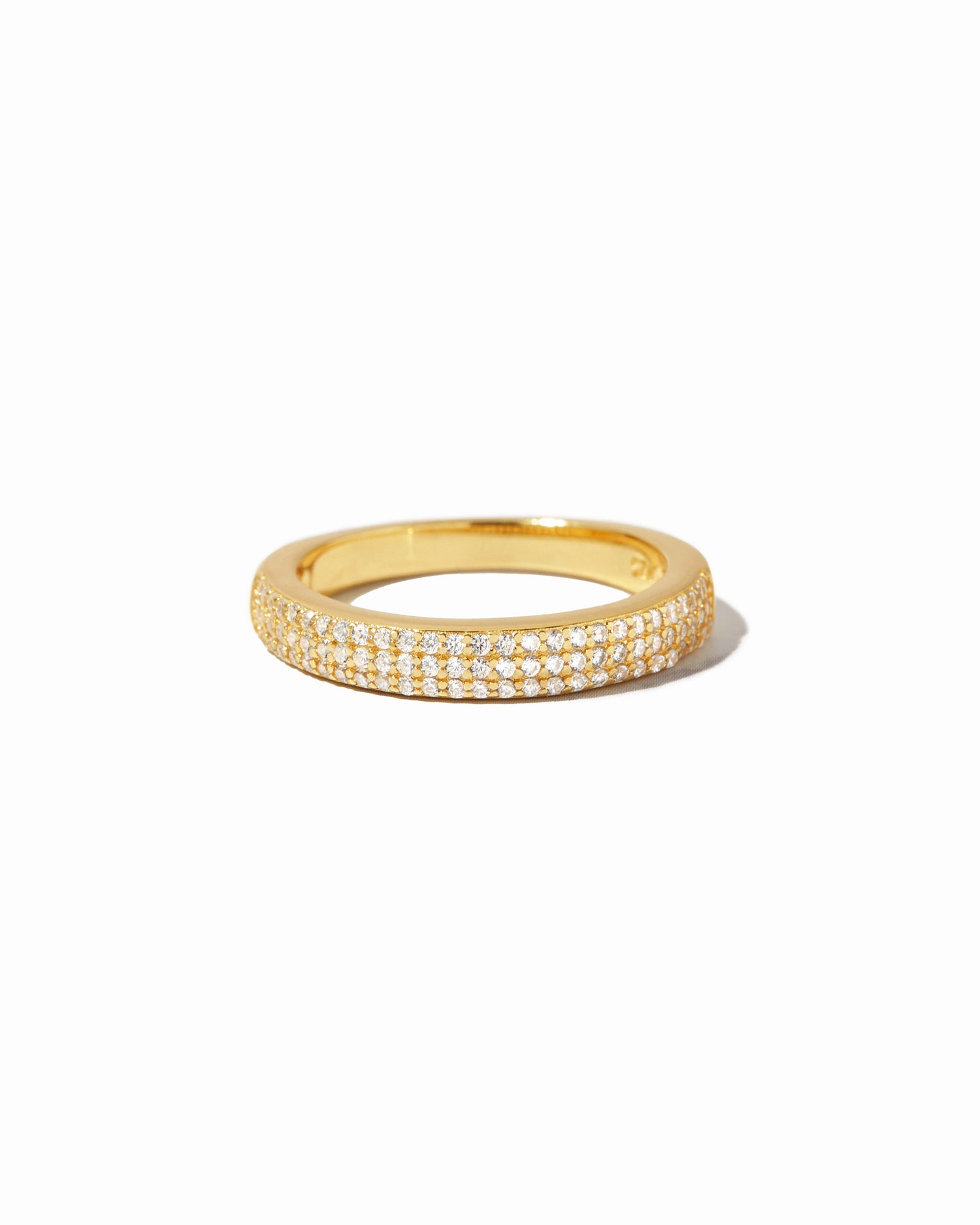 closeup image of gold ring with pave cubic zirconia stones 