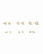 Sami Jewels gold diamond bezel stud earrings in multiple sizes on white background