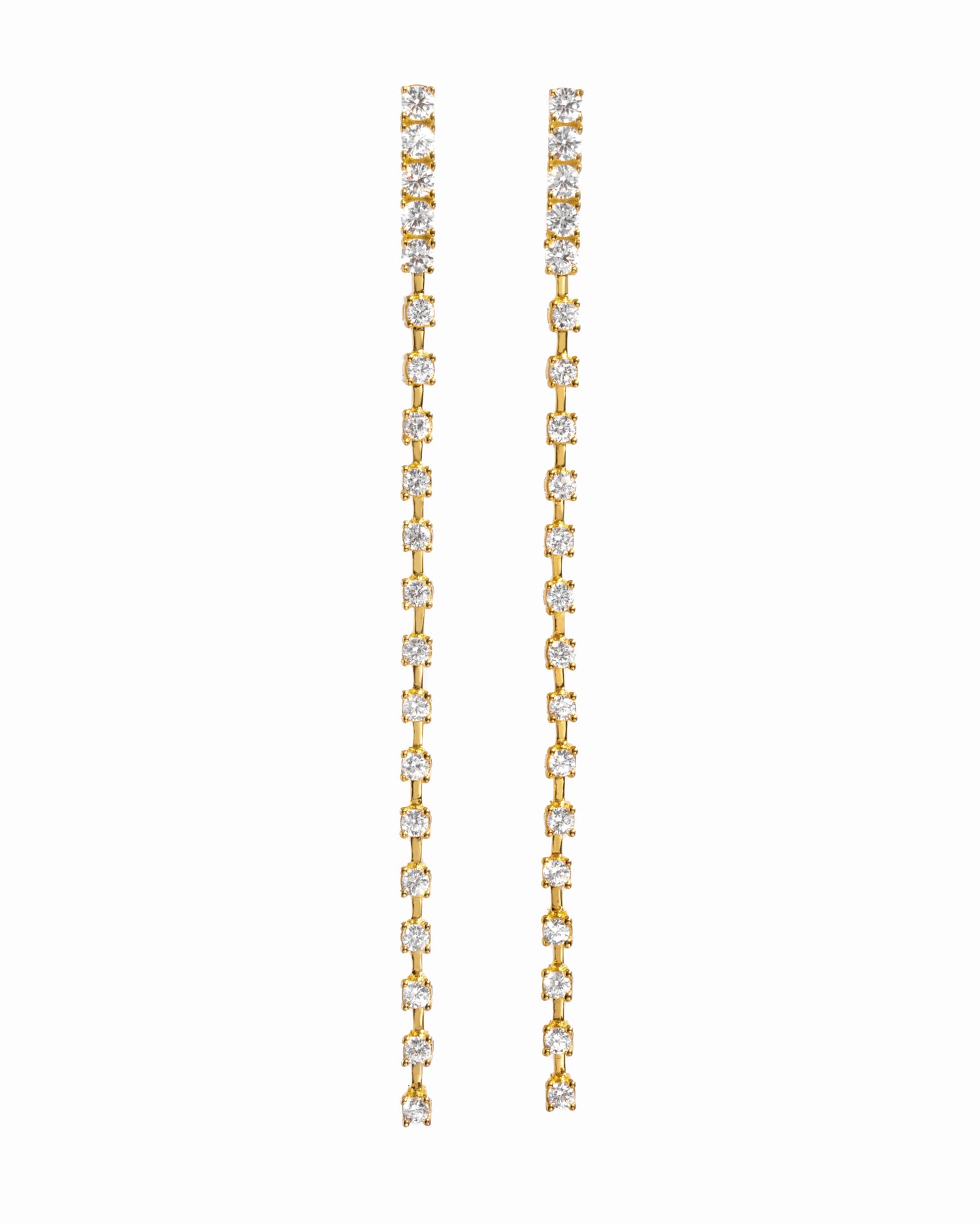 close up of gold diamond dangle earrings with a smooth, slender line of sparkling cubic zirconia, perfect for bridal earrings or wedding jewelry.
