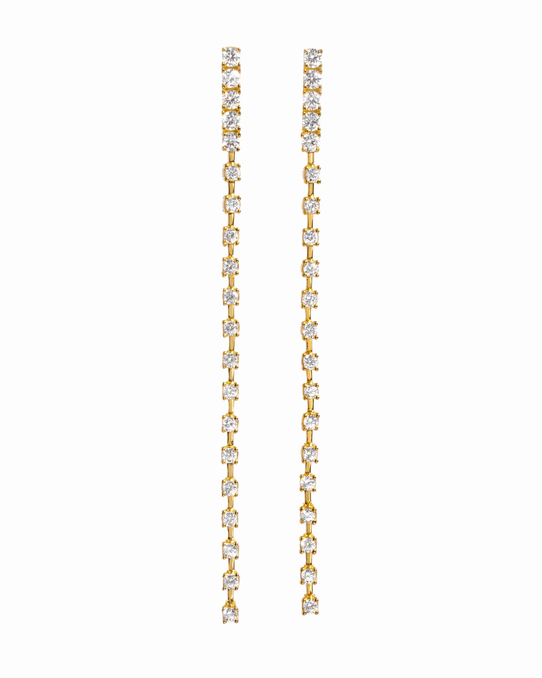 close up of gold diamond dangle earrings with a smooth, slender line of sparkling cubic zirconia, perfect for bridal earrings or wedding jewelry.