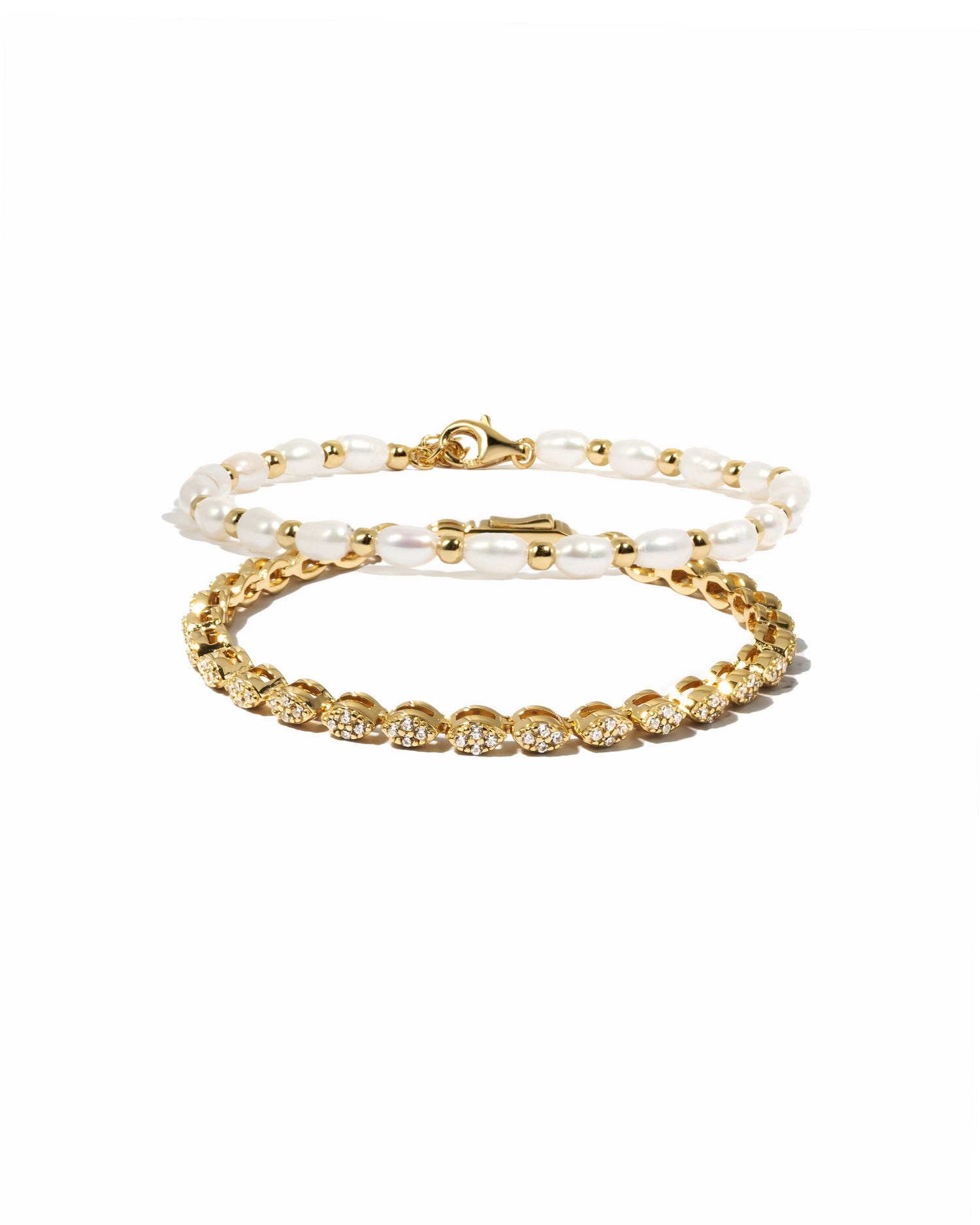 Freshwater pearl bracelet stack on white background 