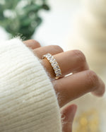 Gold oval cut and emerald cut unique stackable ring on model