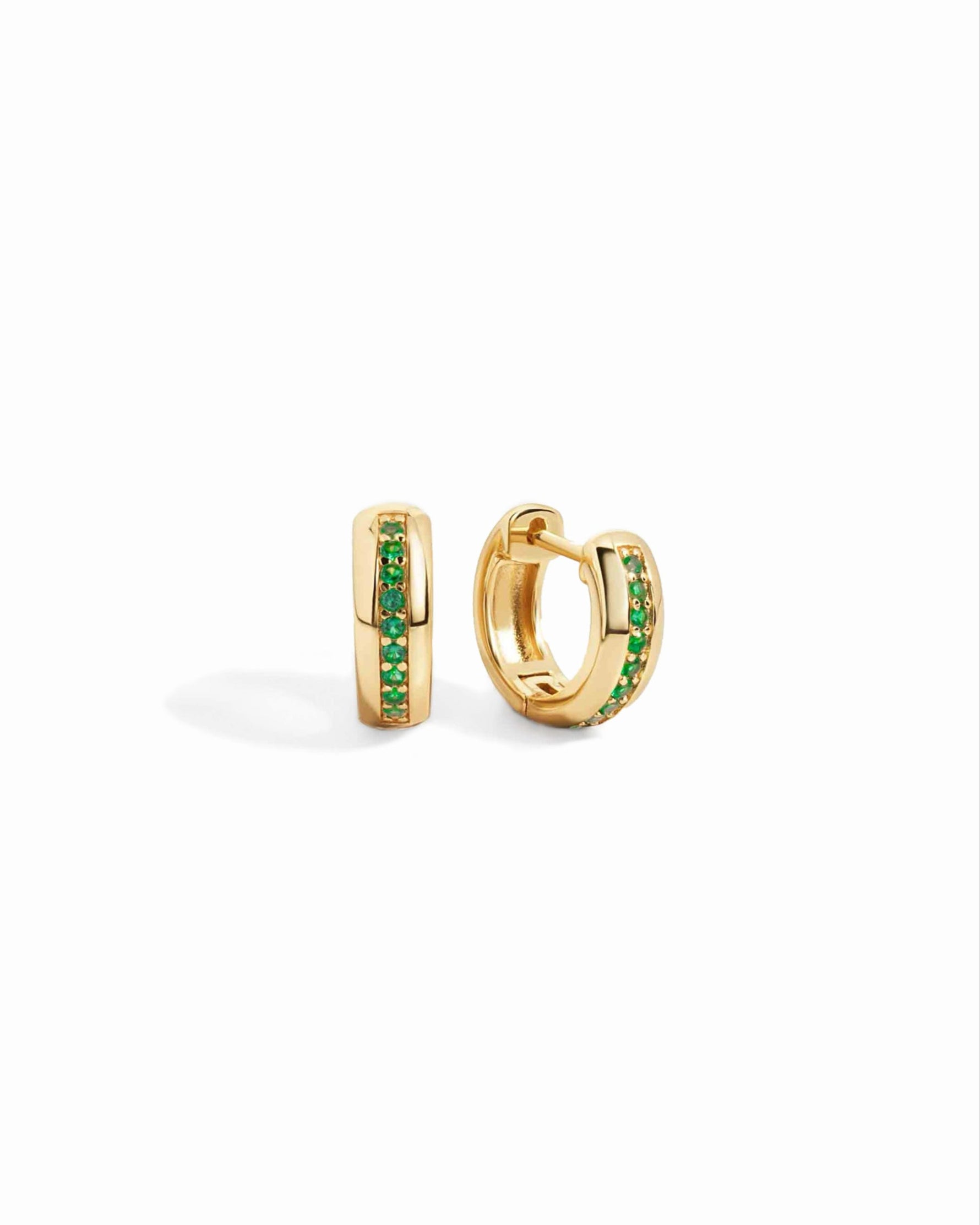 minimalist gold hoop earrings with emerald stones