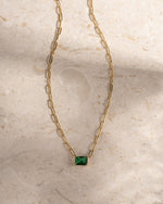 Gold paperclip layering necklace with emerald pendant 