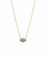 A gold chain necklace featuring a marquise-shaped sapphire evil eye pendant, displayed against a white background.