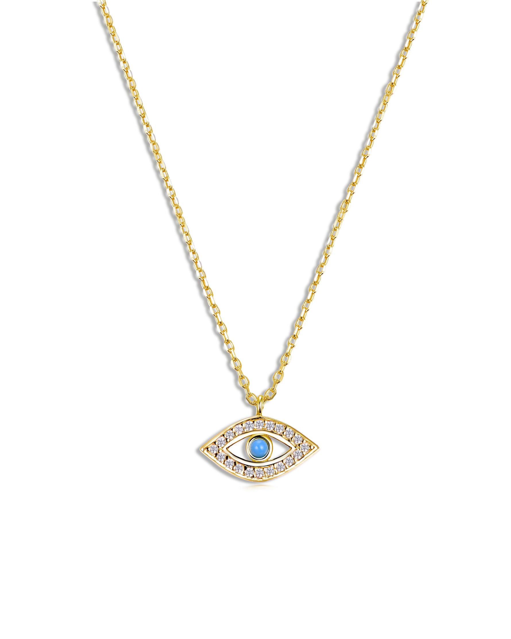 closeup image of gold evil eye necklace