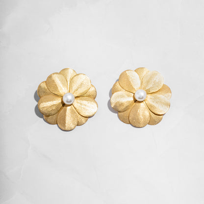 closeup image of gold flower earrings