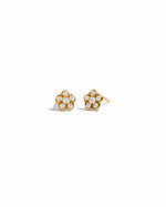 Gold flower earrings on a white background 