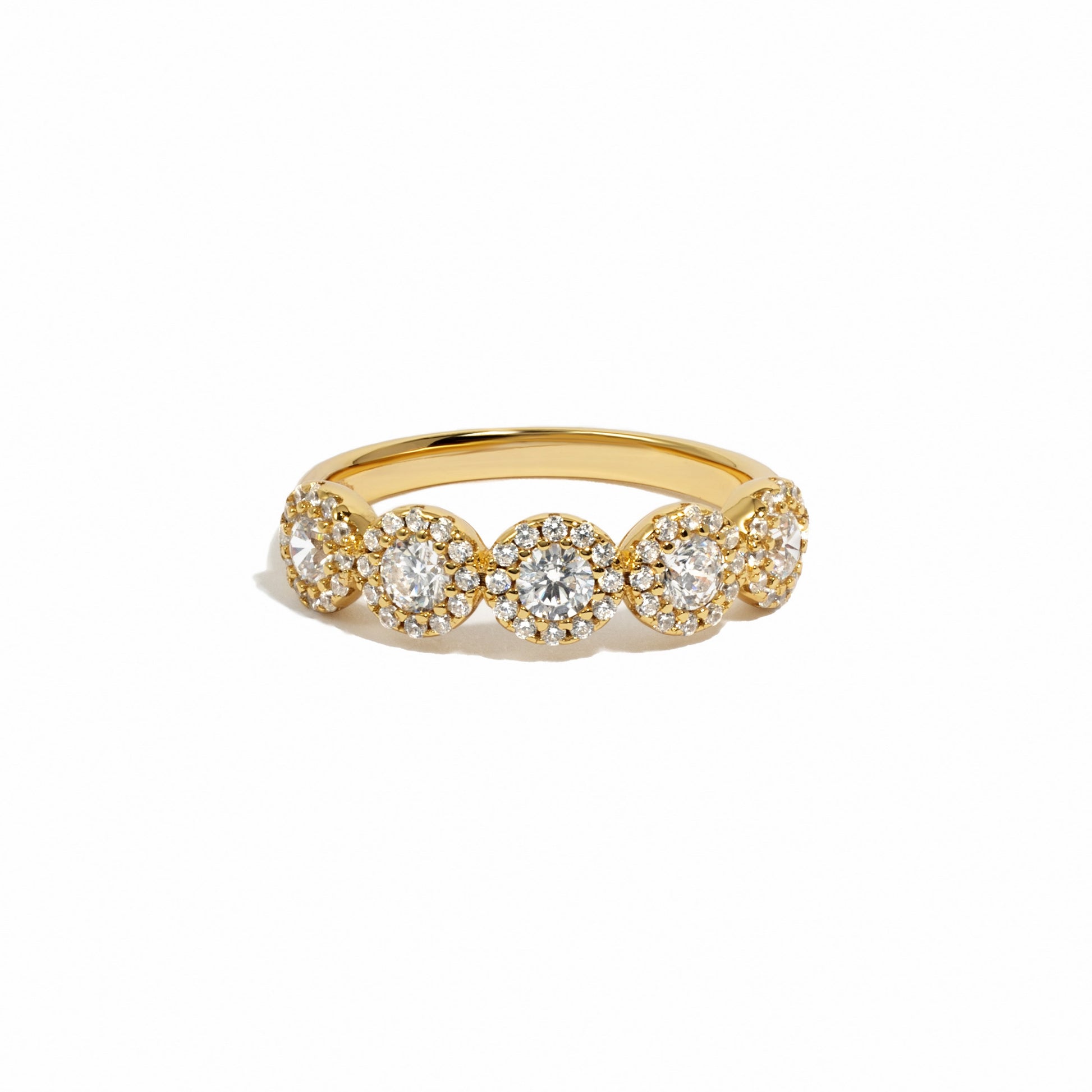 5 stone halo diamond ring made of 925 sterling silver plated in 14k gold