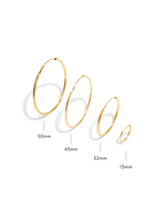 Set of gold hoop earrings with size measurements on a white background