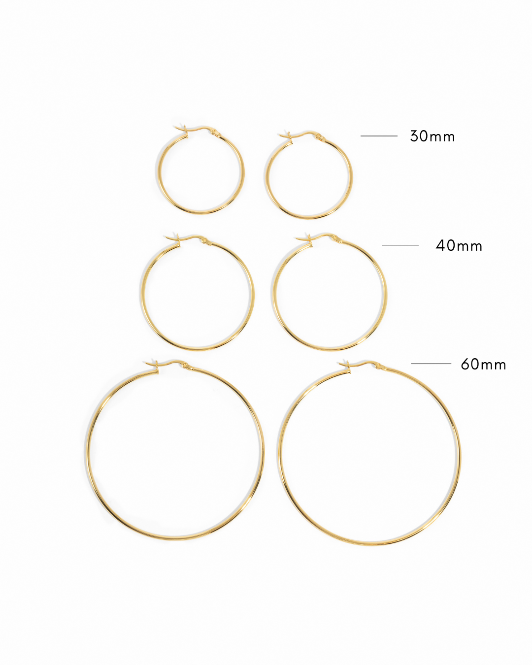 infographic image of three pairs of lightweight hoop earrings in gold, showcasing our 30mm size, 40mm size or 60mm size