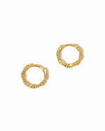 Small gold hoop earrings on a white background