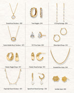 Grid display showing 12 gold jewelry pieces featured in the Sami Jewels Advent Calendar, including pendant necklaces, hoop earrings, stud earrings, and simple gold chain necklaces.