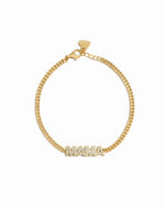 Closeup image of MAMA chain bracelet in gold