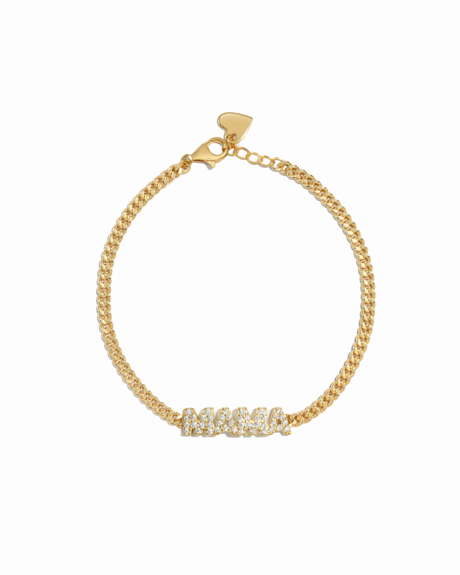 Closeup image of MAMA chain bracelet in gold