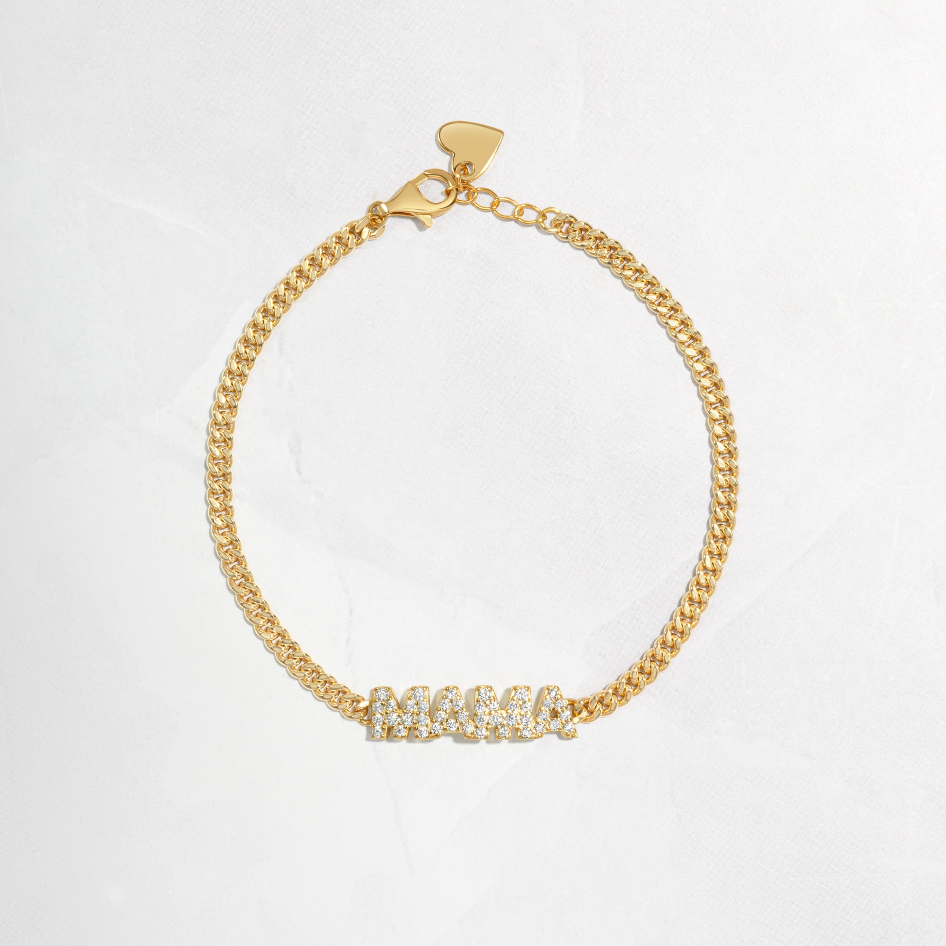 Closeup image of MAMA chain bracelet in gold