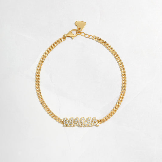 Closeup image of MAMA chain bracelet in gold