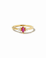 closeup image of gold ruby marquise ring