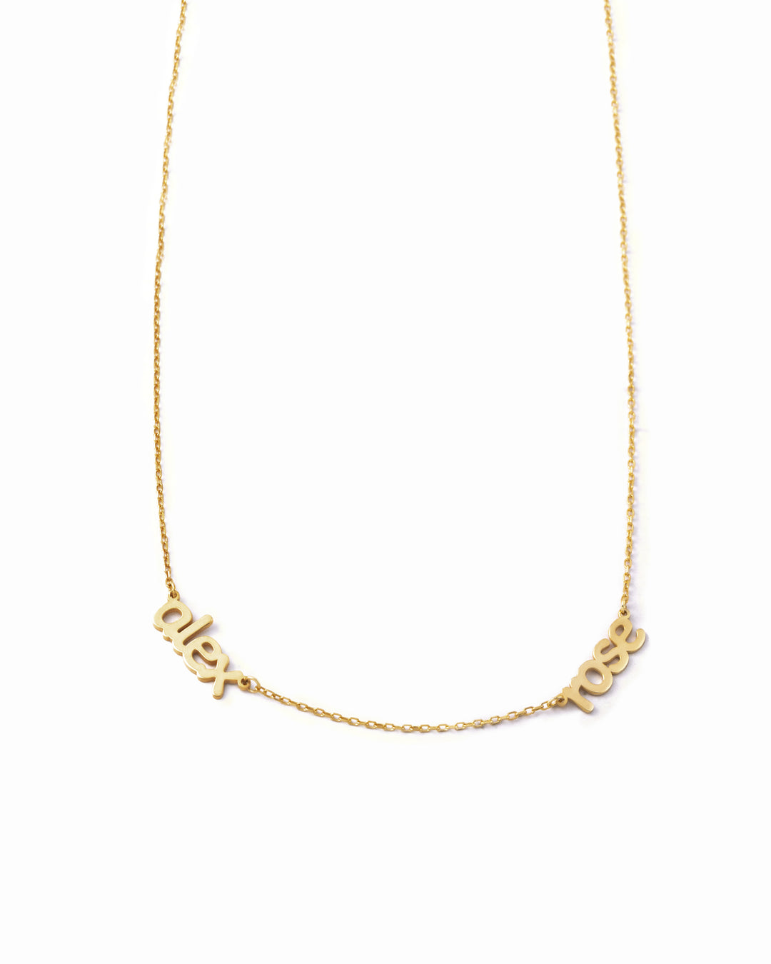 Dainty gold double name plate necklace.