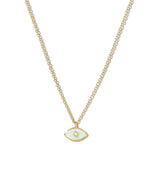 Gold necklace with a small evil eye opal pendant on a white background