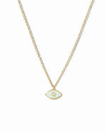 Gold necklace with a small evil eye opal pendant on a white background