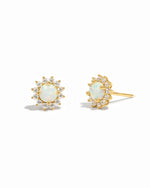 Gold opal stud earrings with diamond halo.