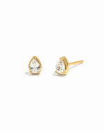 Gold teardrop earrings with white cubic zirconia gemstones on a white background