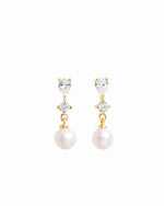 Gold Small Pearl Drop Earrings on white background