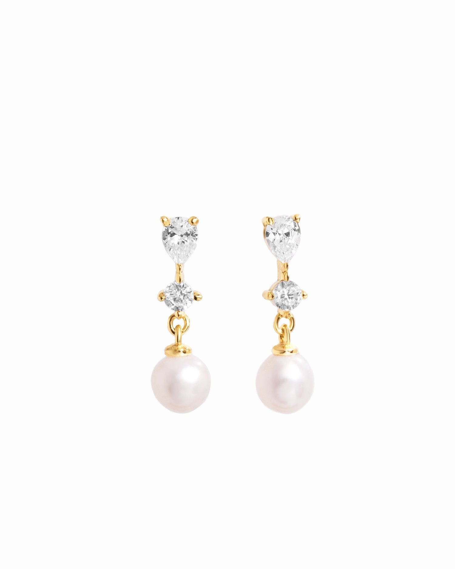 Gold Small Pearl Drop Earrings on white background