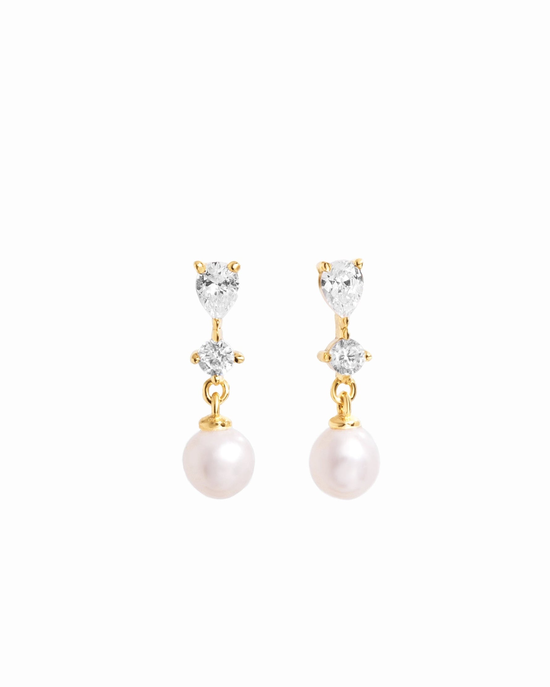 Gold Small Pearl Drop Earrings on white background