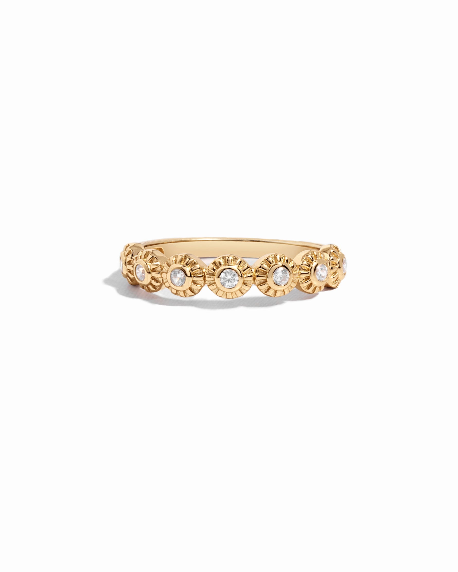 Closeup image of gold bezel set diamond ring