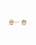 Gold stud earrings with cubic zirconia gemstones on a white background