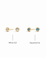 Gold stud earrings with White CZ and Aquamarine stones on a white background