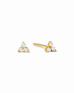 Gold triangle-shaped earrings with three white cz gemstones on a white background