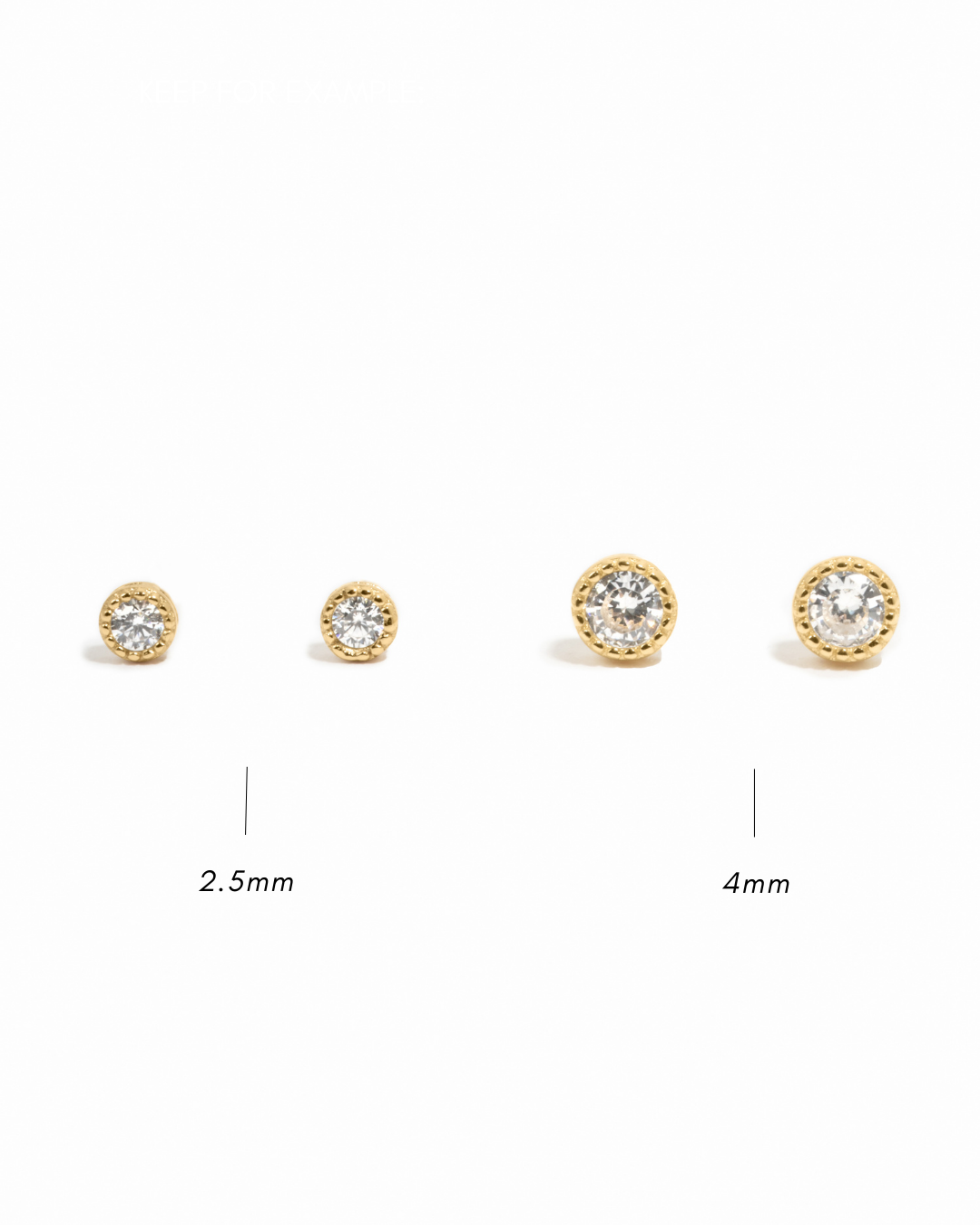 Gold stud earrings with size labels on a white background