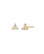 Tiny gold diamond stud earrings with three cubic zirconia stones