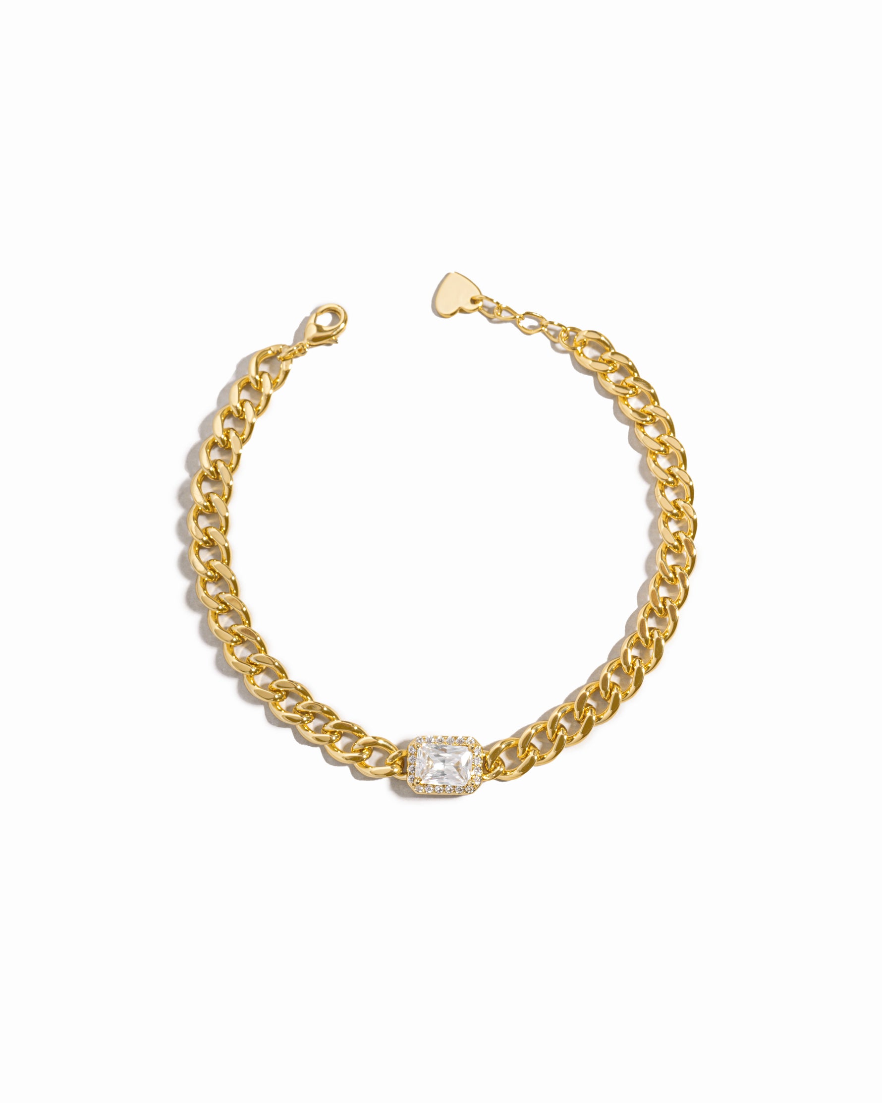 gold cuban chain bracelet with halo baguette charm