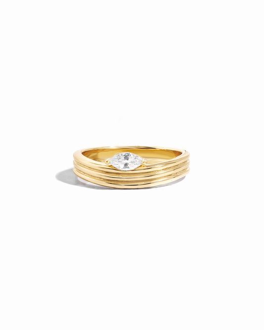 closeup image of gold dainty marquise ring 