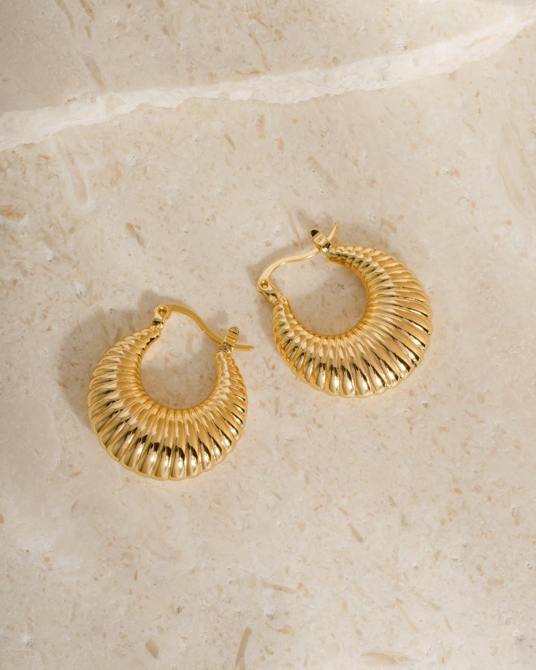 Gold hoop earrings on a neutral backround