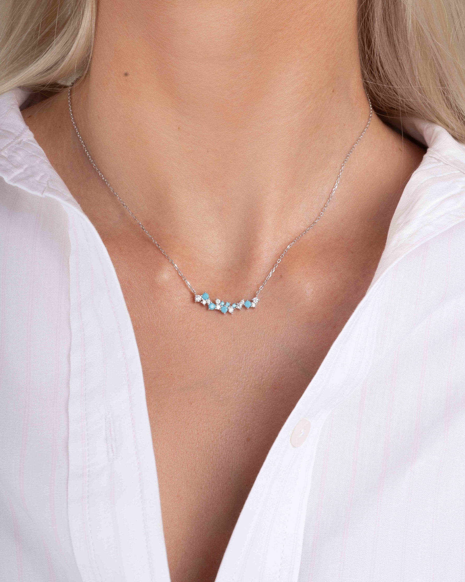 sterling silver boho necklace with small blue stones