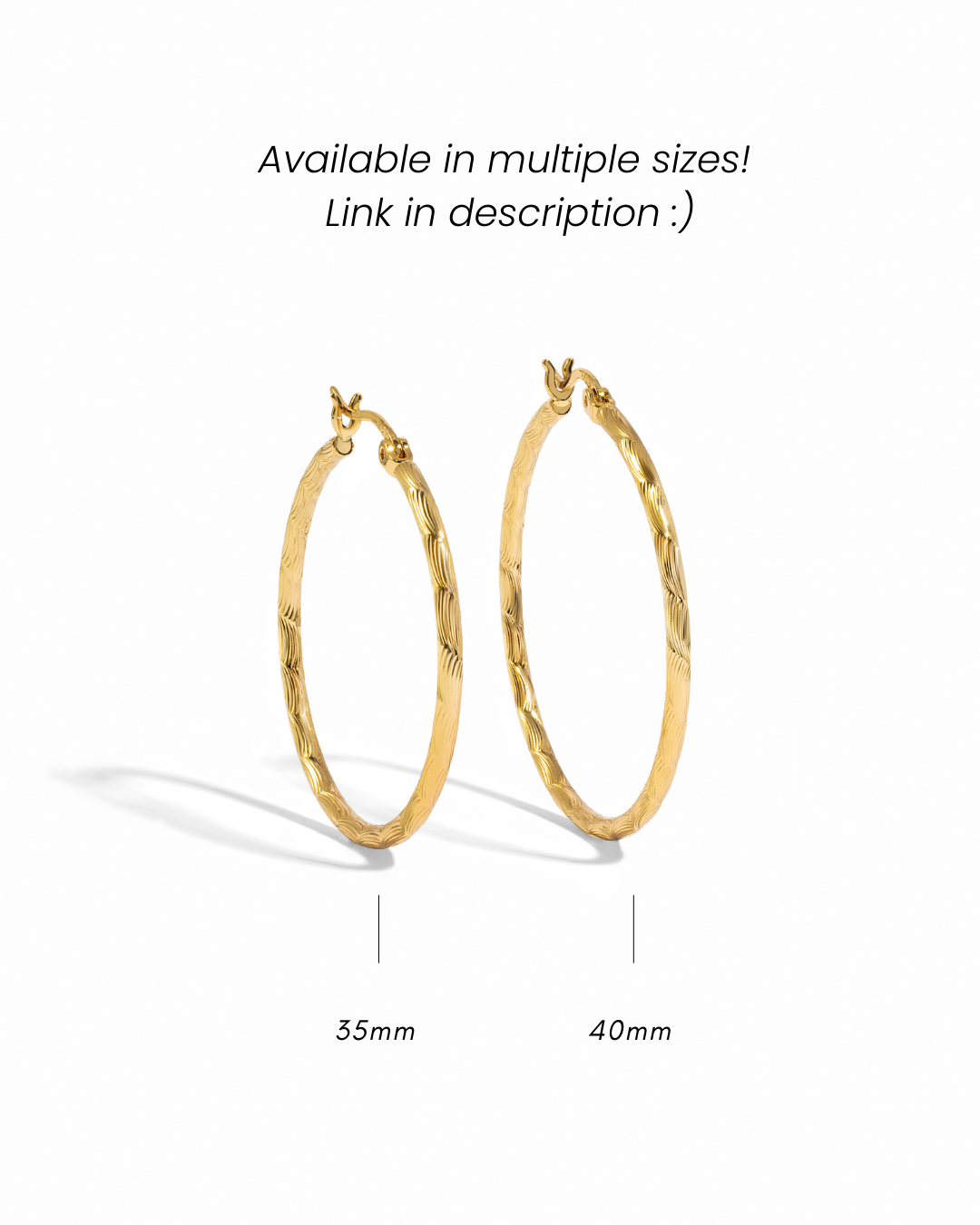 Simple gold hoop earrings with size options on a white background