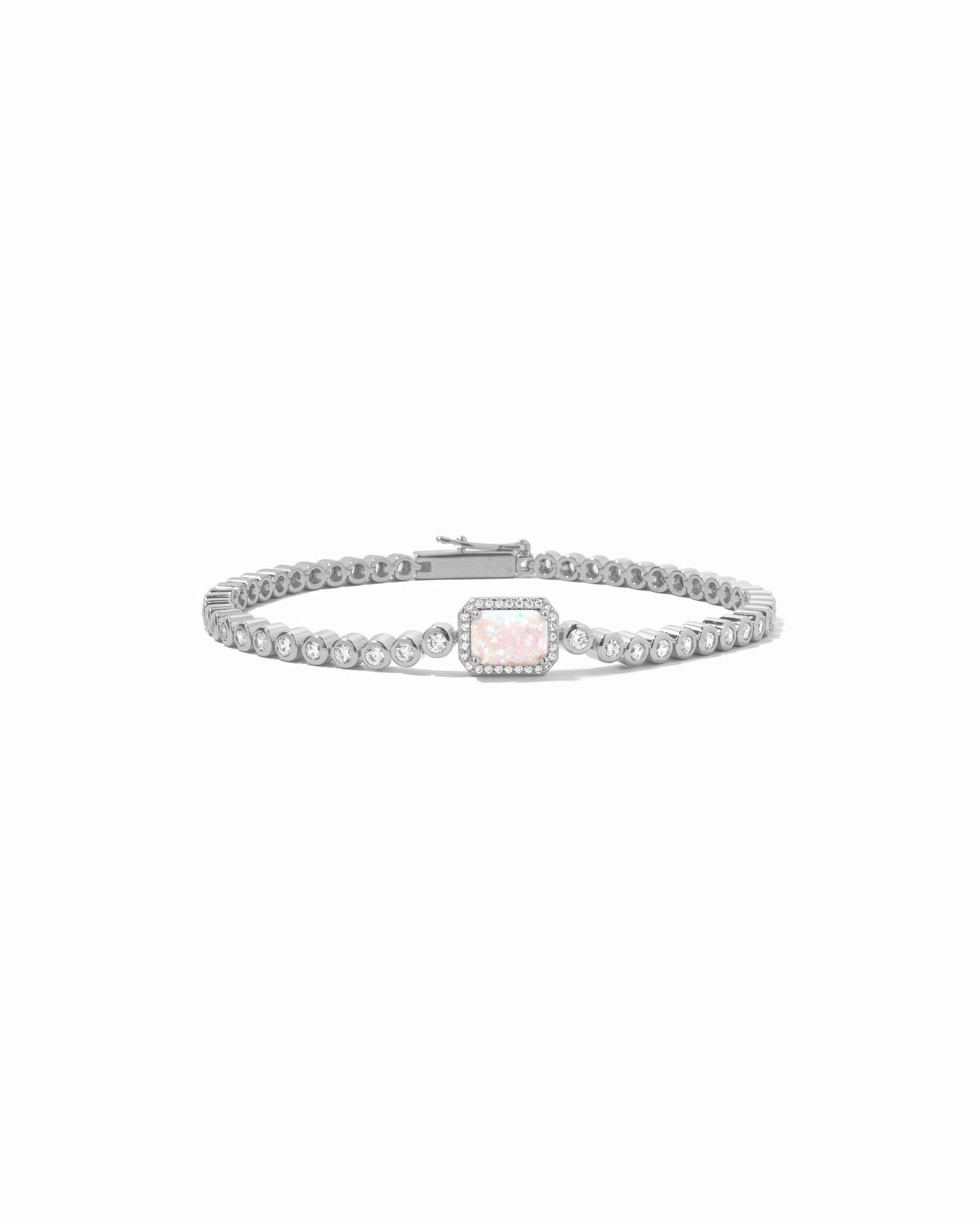 Silver opal baguette tennis bracelet by Sami Jewels featuring sparkling rectangular opal stones on a delicate silver chain.