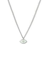 Silver necklace with a dainty opal evil eye pendant on a white background