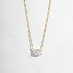 Closeup of solitaire oval diamond necklace in gold