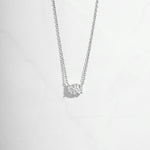 Closeup of silver necklace with diamond pendant 