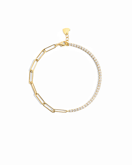 closeup image of bracelet with tennis chain and paperclip chain
