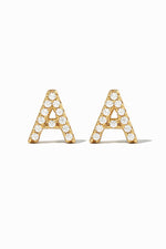 "A" diamond initial stud earring on a white background