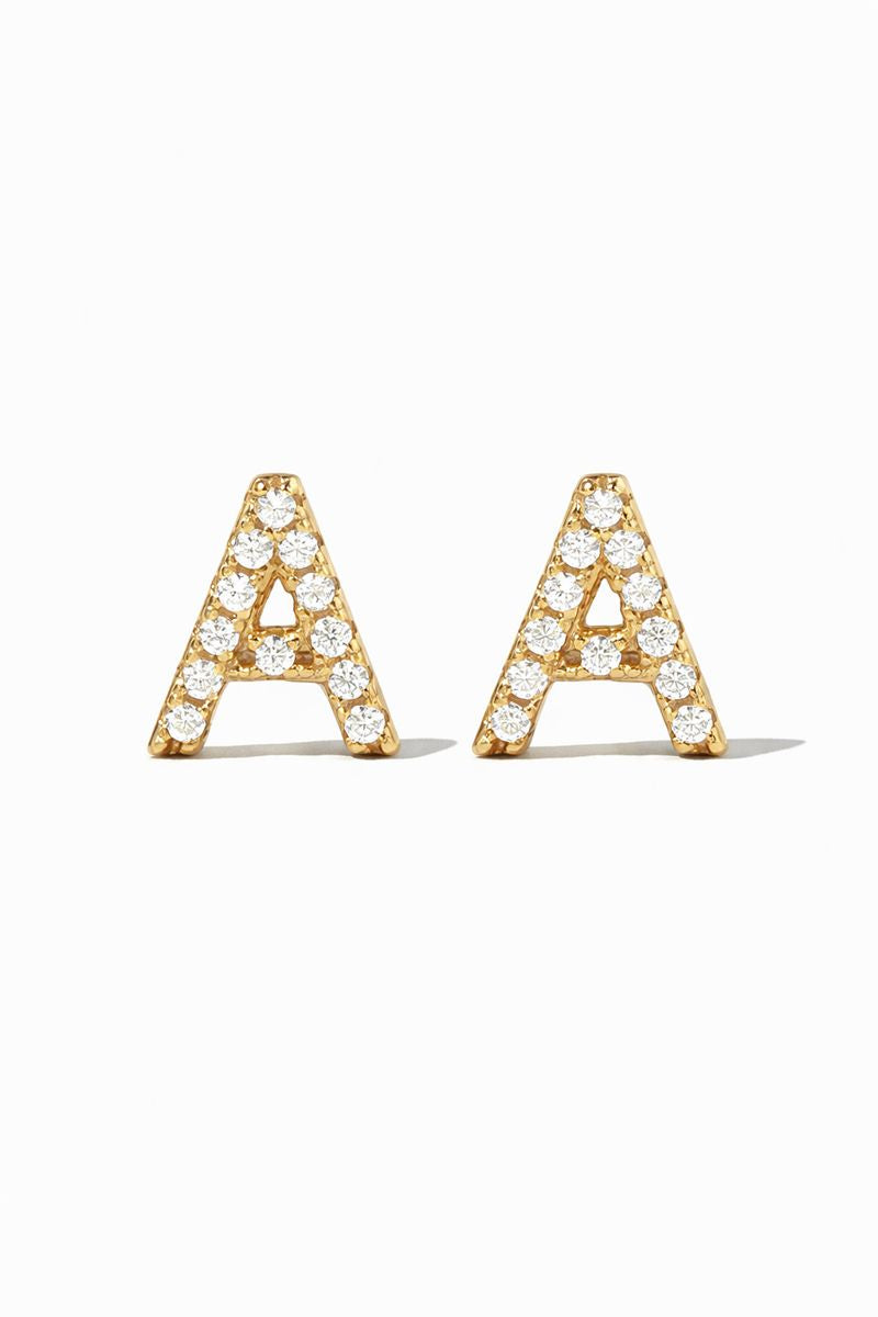 "A" diamond initial stud earring on a white background