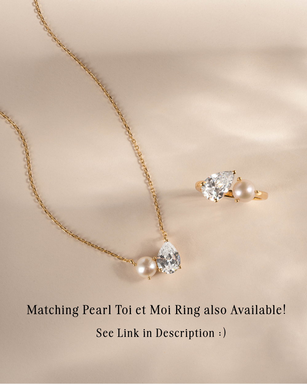 Pearl jewelry featuring a pearl cz necklace and a dainty matching pearl ring 